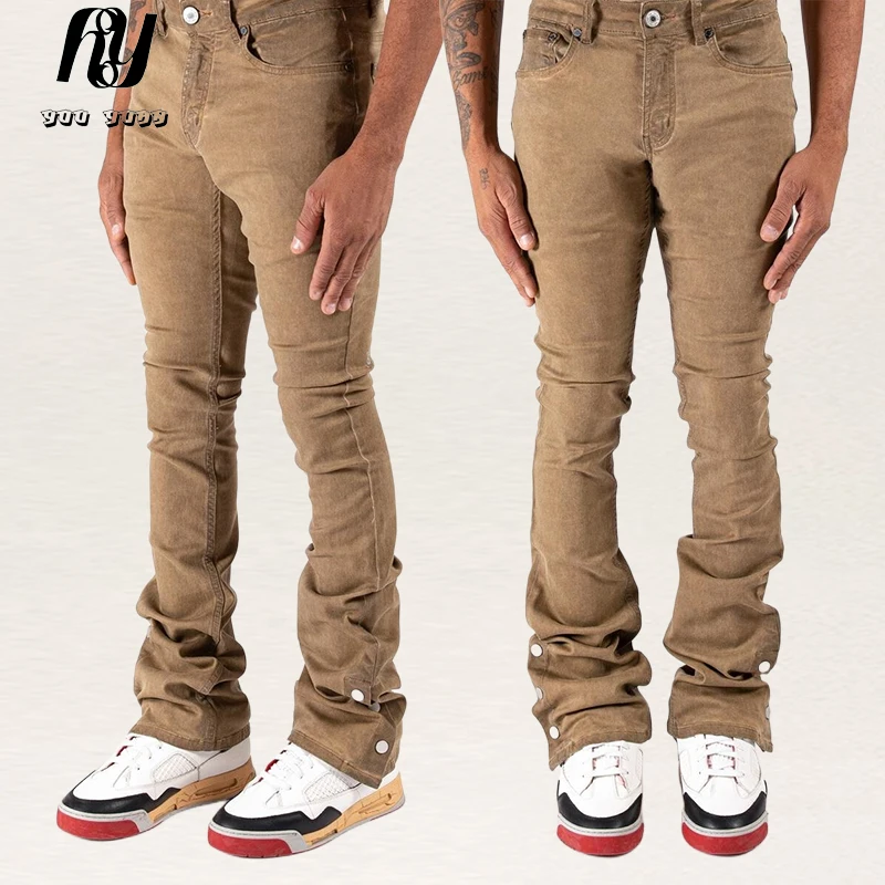LILUO Manufacturers High quality hip hop custom vintage wash skinny stacked flare jeans with side button