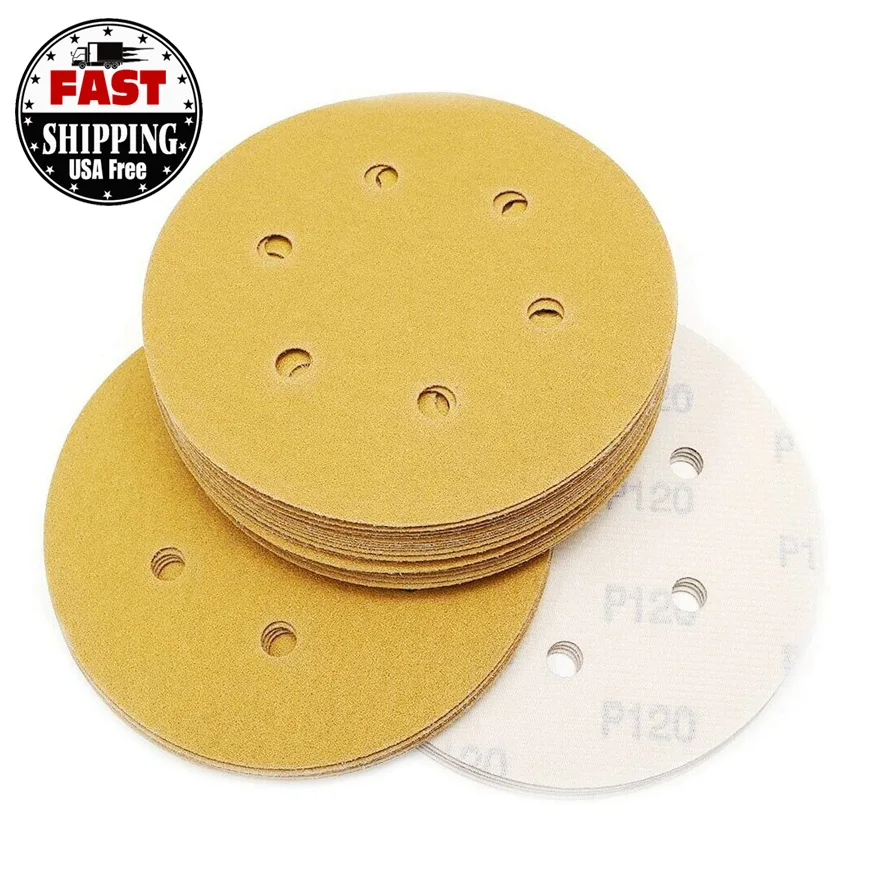 USA Warehouse Shipping Within 24h 50PCS 6 in 6-Hole Sanding Discs 120 Grit Hook Loop Sandpaper