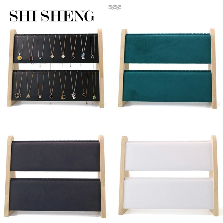 SHI SHENG Bamboo Wooden Pu Leather Long Chain Necklace Easel Showcase Display Board for Necklace Pendant Display Storage Holder