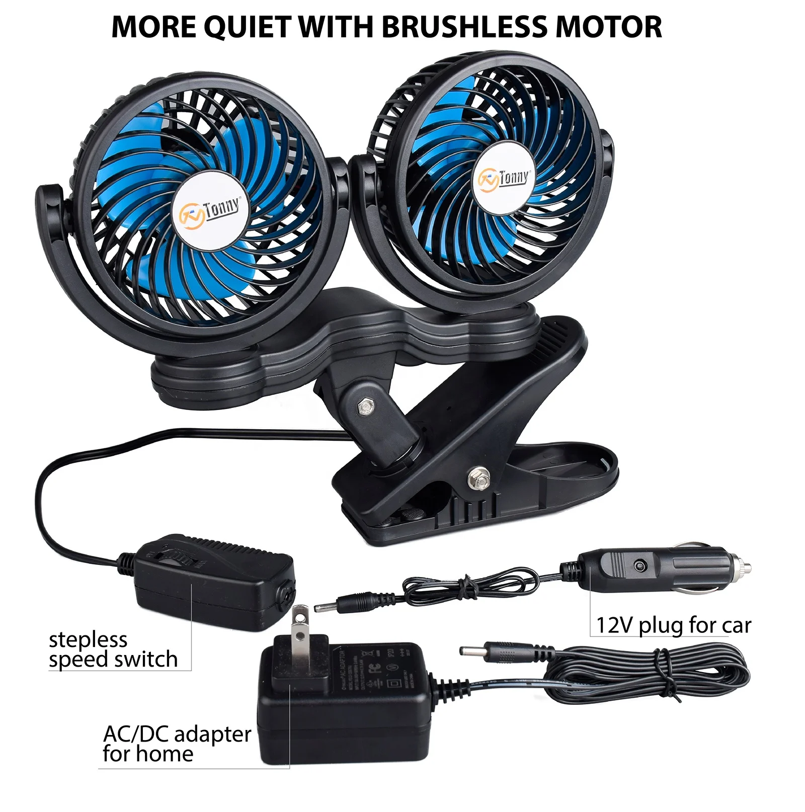 Dual Head Clip Fan, 4 Inches Electric Car Clip Fans 360 degree Rotatable,12V Cooling Air Fan with Stepless Speed Regulation