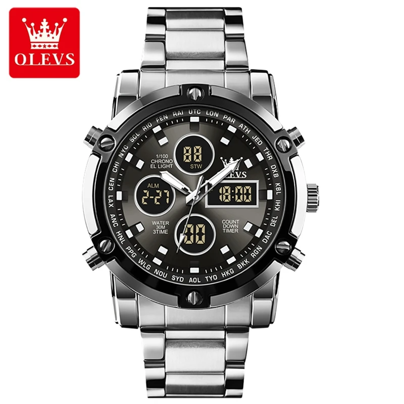 OLEVS Digital Quartz Wristwatch Men Three Time Led Sport Watch Countdown Steel Strap Watch Clock Relogio Masculino 1106