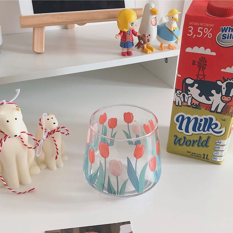 
Korea ins girl heart hand-painted tulip coffee glass water cup milk juice glass water cups 