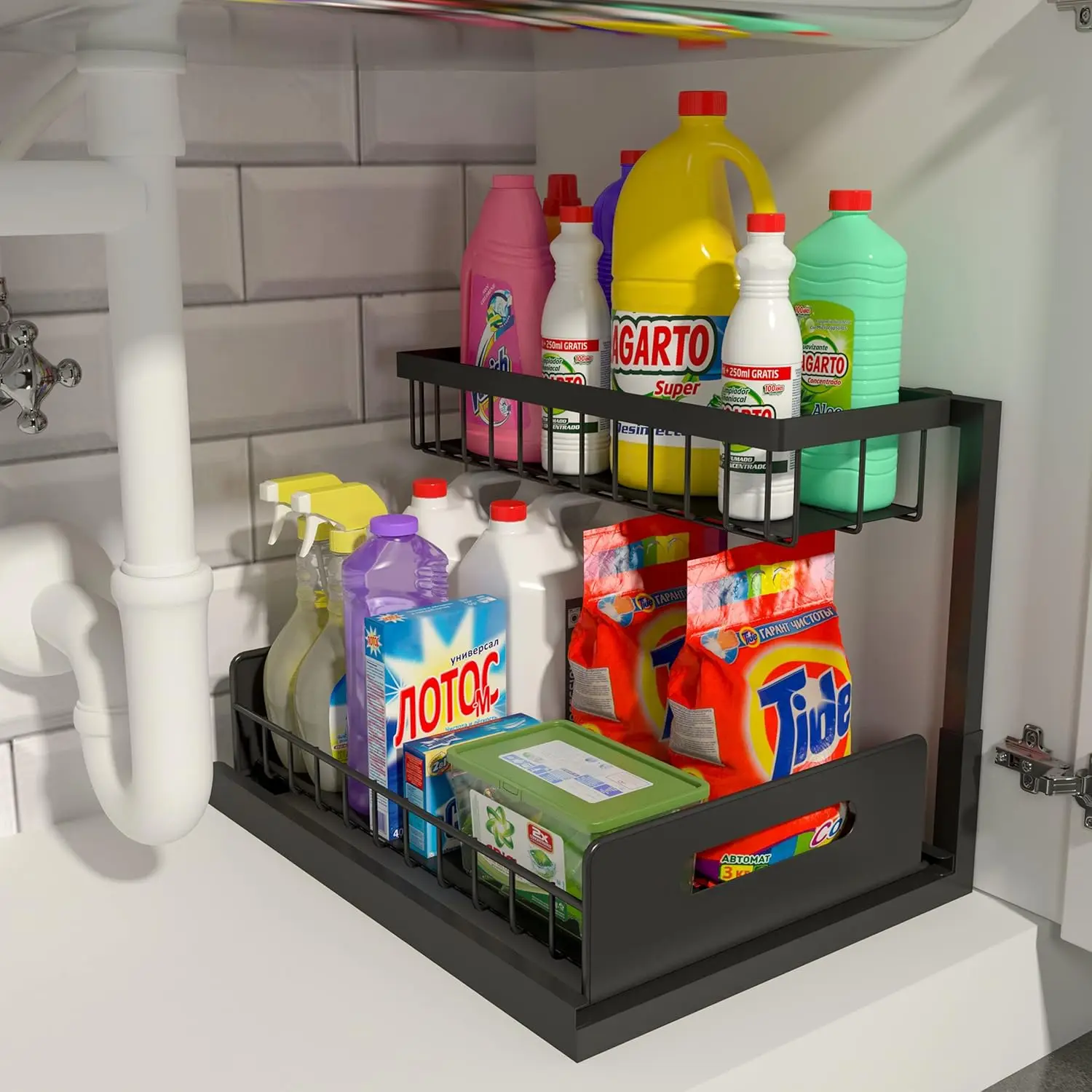 Under Sink Organizer, Metal Pull Out Cabinet Organizer Shelf,Kitchen Bathroom Organizers and Storage with Sliding Drawer