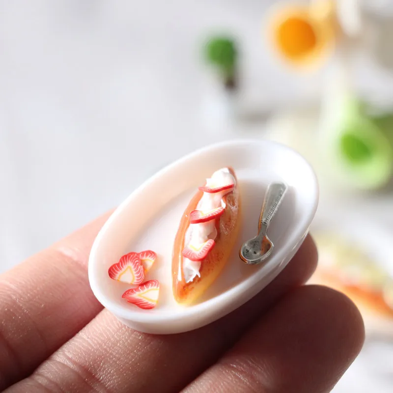1/6 and 1/12 Scale Dollhouse Miniature Mini Food Stollen Panettone  Breakfast Set=fruit+bread+plate+cup+spoon for OB 11 Dolls