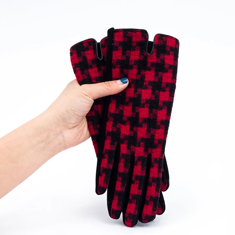 2022 New Women Fashion Houndstooth Pattern Woolen Gloves For Adults Winter Outdoor Warm Thicken Christmas Touchscreen Gloves