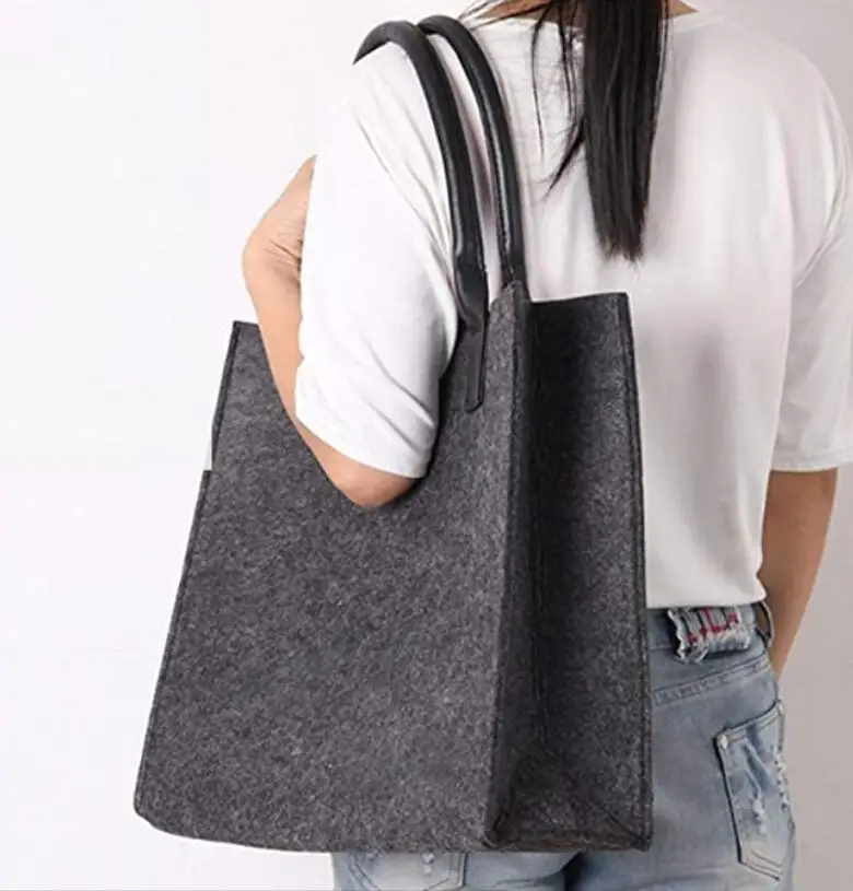 Wholesale printed wool felt bags custom logo dark grey felt tote bag felt shopping bag