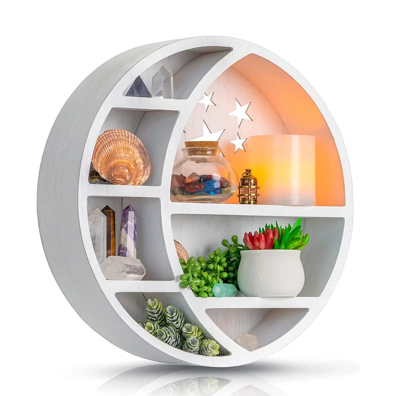 Rustic wooden moon shelf wooden wall mounted moon floating shelf