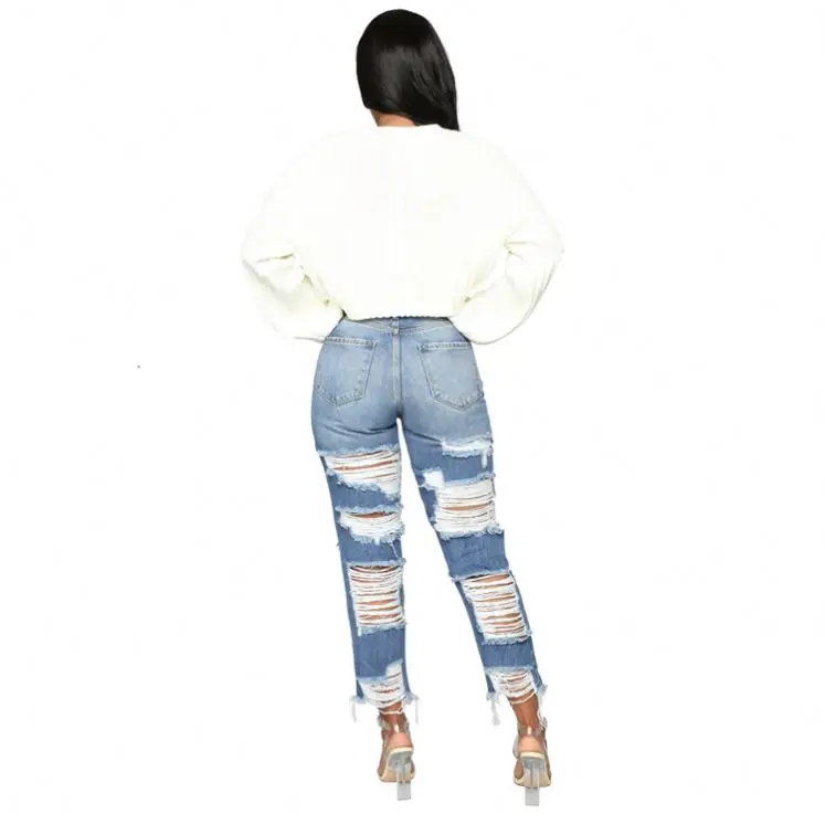 
1019M440 new all-match distressed ripped straight High Waist Pants Jeans Women 