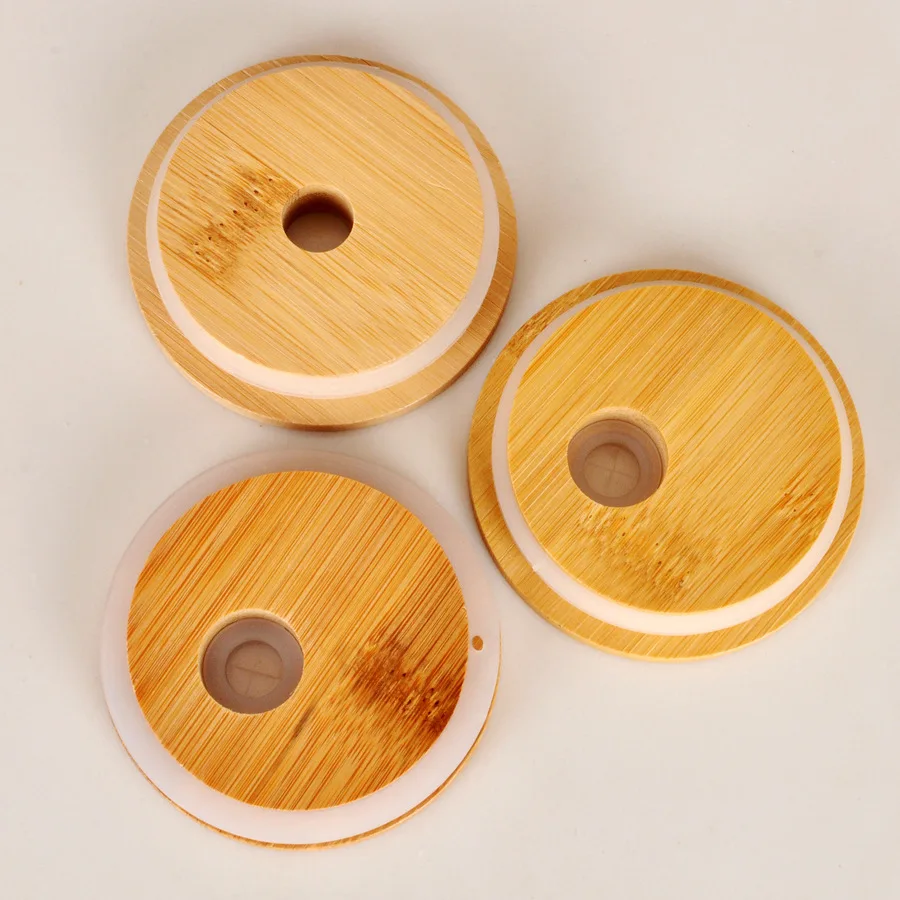 Food Grade Natural 86mm 70mm Regular &Wide Mouth Bamboo Lid with 15 mm Straw Hole for Glass Mason Jar