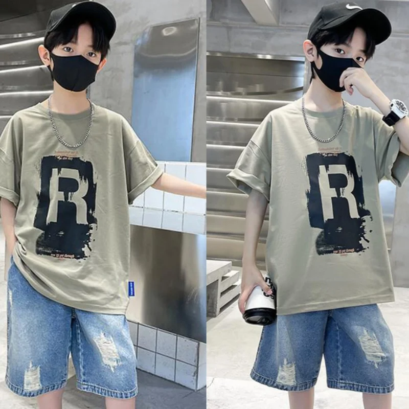 Factory Wholesale High-Quality Summer Boys Fashion 2pc Sets Short Sleeved T-Shirt Summer Suit Handsome Teenage Boy Suit