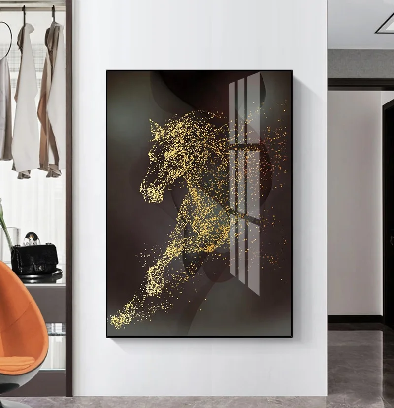 Resin Painting Wall Picture Modern Painting Gold Horse Animal White Horse Crystal Porcelain Painting Home Decoration