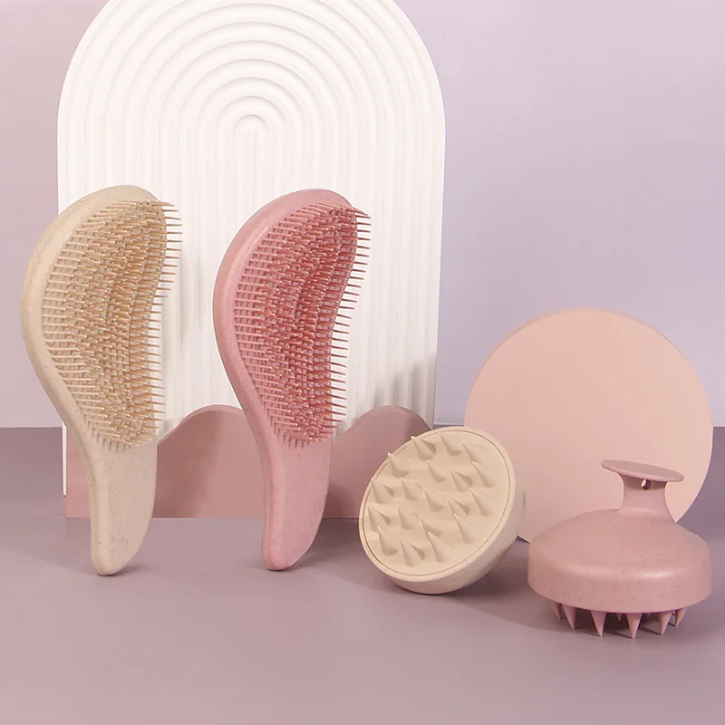 Private Logo Wheat Straw Detangling Brush Set Detangler Hair Brush with Wheat Straw Shampoo Brush Scalp Massager with Bag Pack