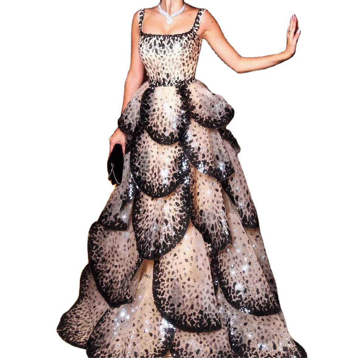 New Arrival Plus Size Ball Spaghetti  Evening Gown Dress Sparkly Sequin Tiered Ruffles Elegant Women Wedding Party Formal Gowns