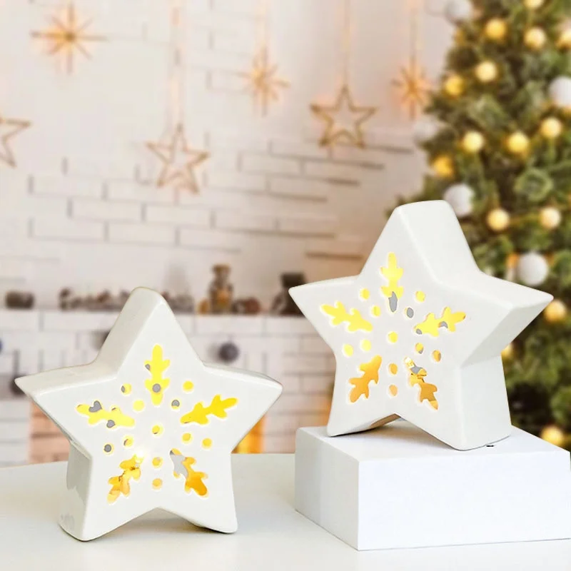 Scandinavian style ceramic pentagram Christmas ornament, LED lights hollow design crafts ceramic decoration