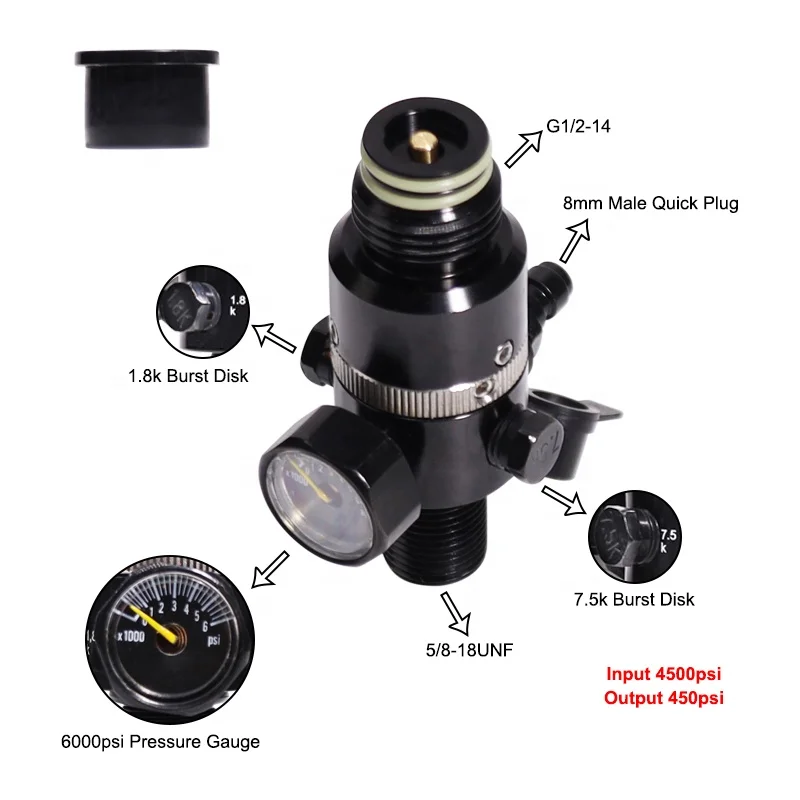 New 360 Degrees Rotary  PCP Paintball Tank  450psi Output with 5/8-18UNF Thread  Air Regulator 4500 psi Double O-Ring