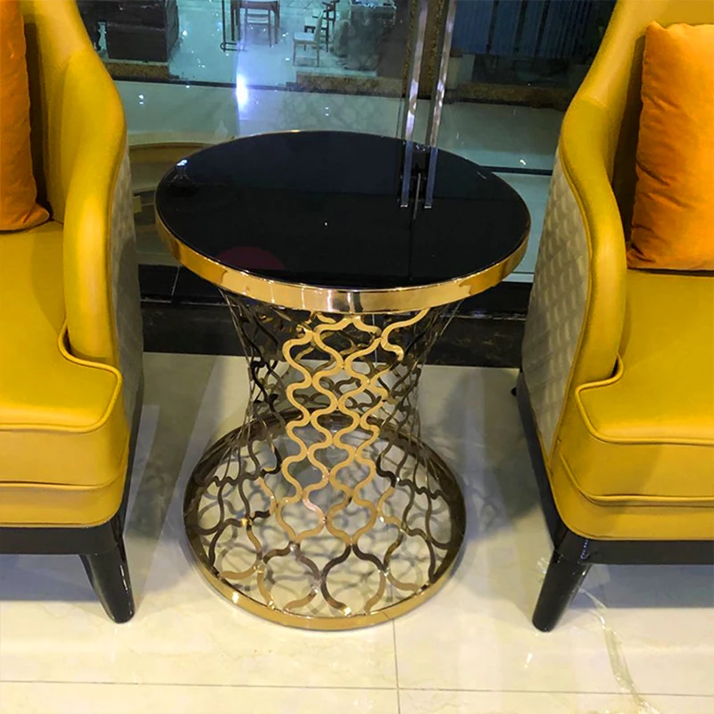 Custom metal pedestal round hotel modern bedroom living room black gold marble top side table