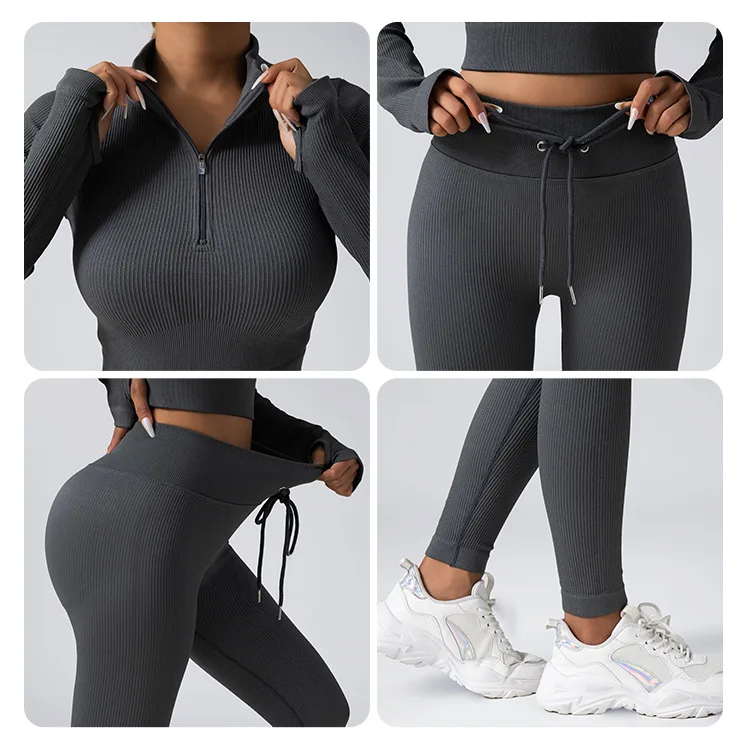 NEW Women  Yoga Wear 2-Pcs Set Zips  Long Sleeve Drawstring Pants Seamless Push Up Sports Wear And Fitness