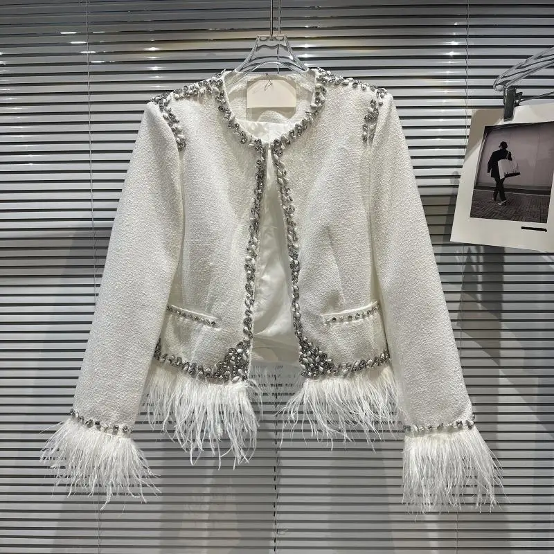 Elegant Rhinestone Jacket Women Winter New Classic Style Elegant Socialite Ostrich Fur Coat Lady White Short Jacket