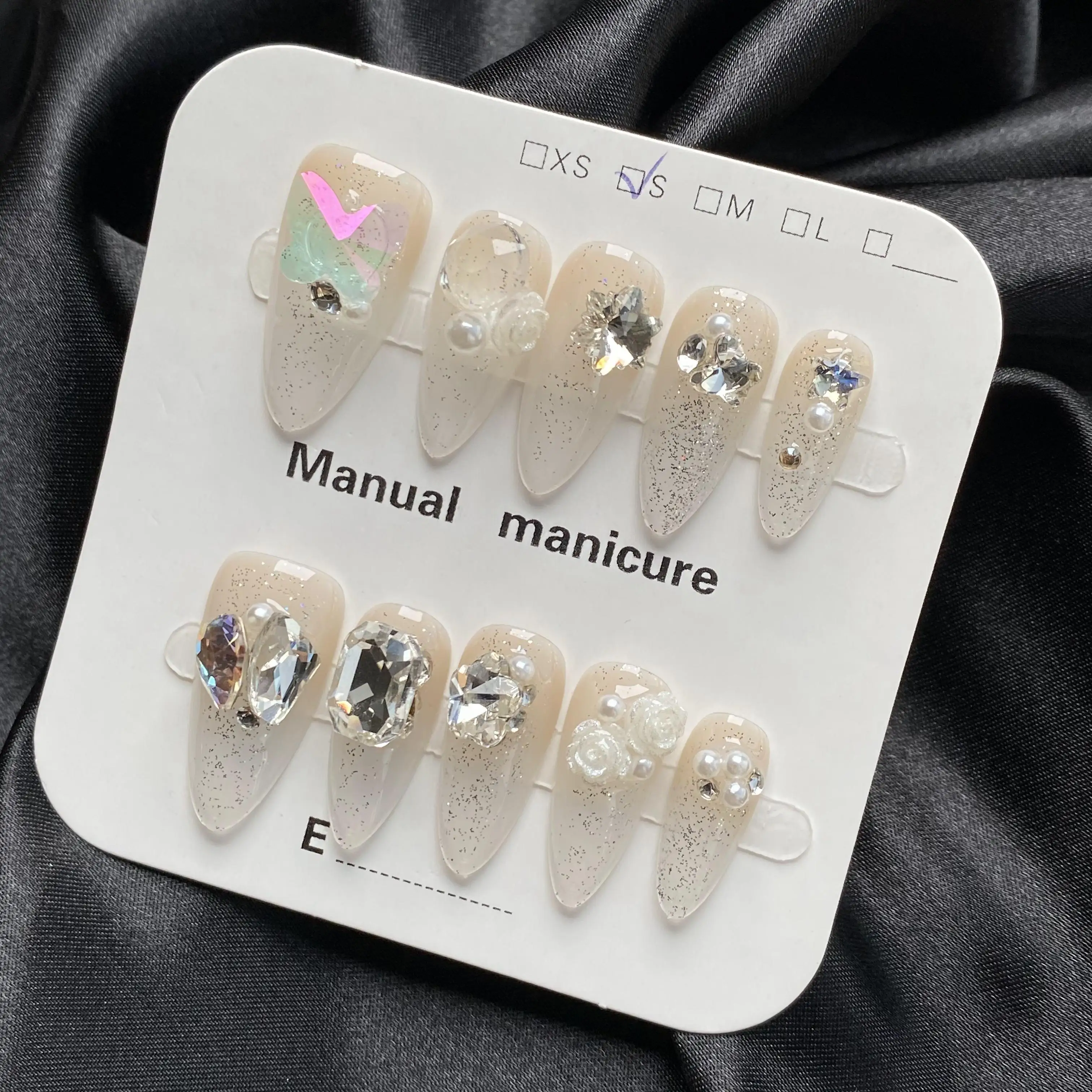 Wholesale High Quality Pink Nude Rhinestone Acrylic Fake Nails ABS Material Stylish Finger Application Press on Nails