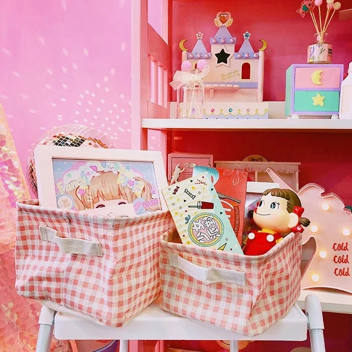 Girl lovely pink lattice home cotton linen fabric art storage basket cosmetics sundry storage basket desktop storage box