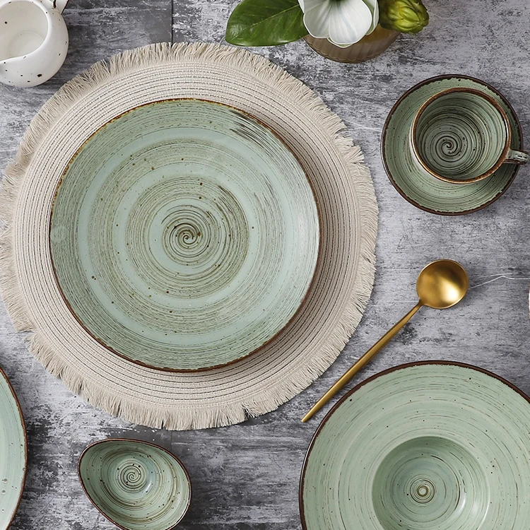 Quatr Restaurant Ceramic Dinner Dishes Plates Sets Rustic Crockery Tableware Assiette Hand Made Porcelain Dinnerware Sets^