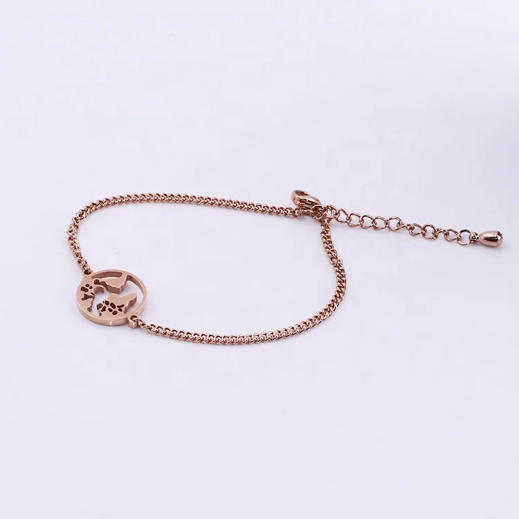 Custom wholesale fashion jewelry hollow world map design stainless steel rose gold plated adjustable chain bracelet for women