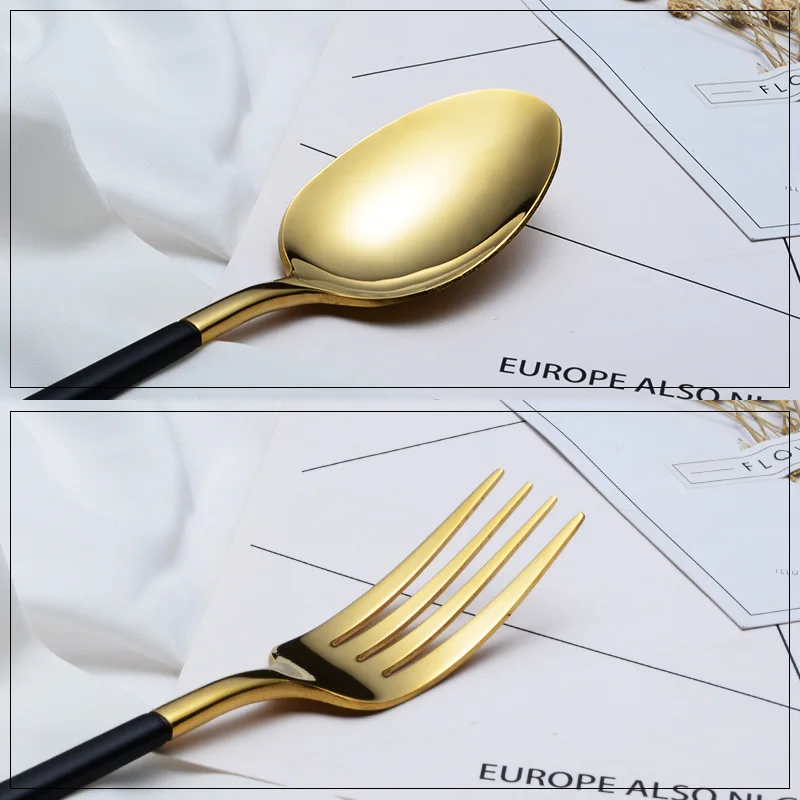 
Western Food Grade Gold Titanium Plated Wedding Cutlery 304 Stainless Steel Table Fork Spoon Knife Hotel Flatware Set 