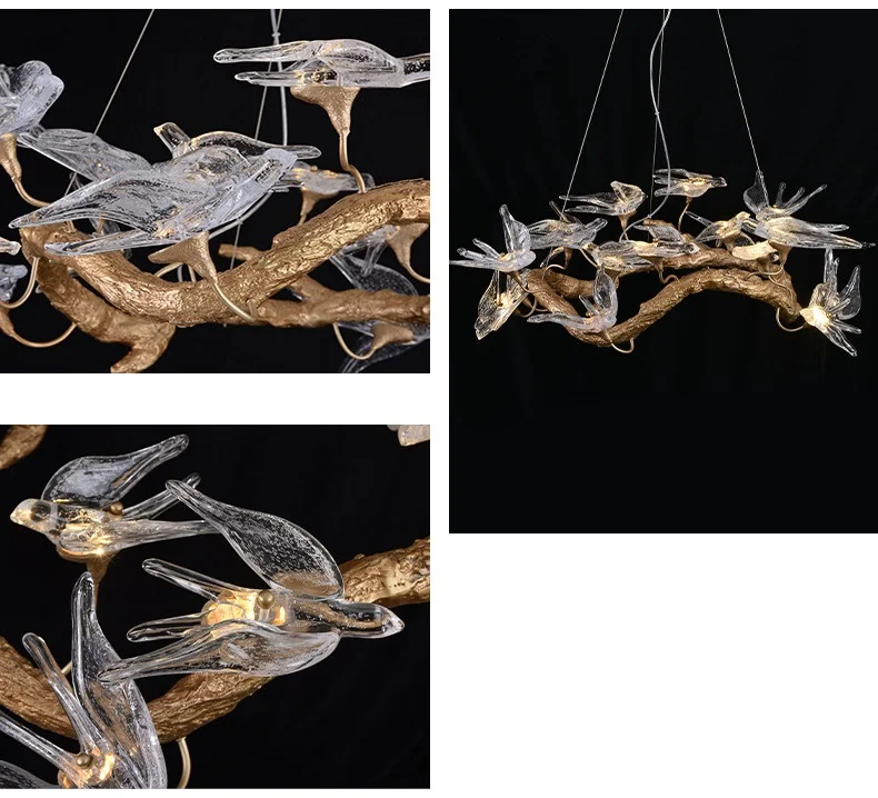 Swallow Copper Branch Living Room Chandelier Hotel Villa Dining Room Bedroom Art Bird Glass Chandelier Light