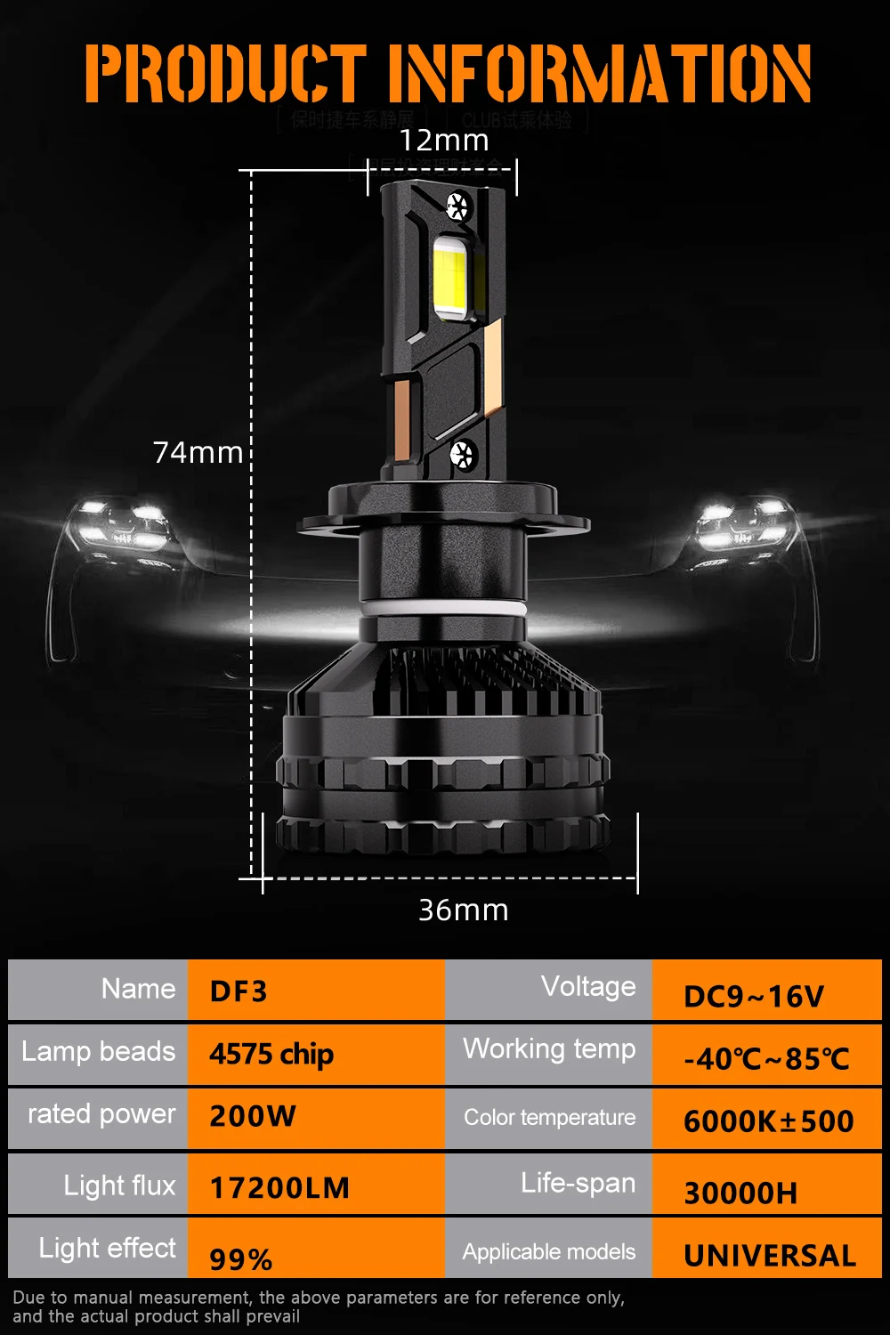 CarLightZ DF3 200W h4 led headlight 6000K foco led  h7 led canbus bombillos  h8  17200Lm 9005 hb3 9006 hb4 9012 hir2 led bulbs