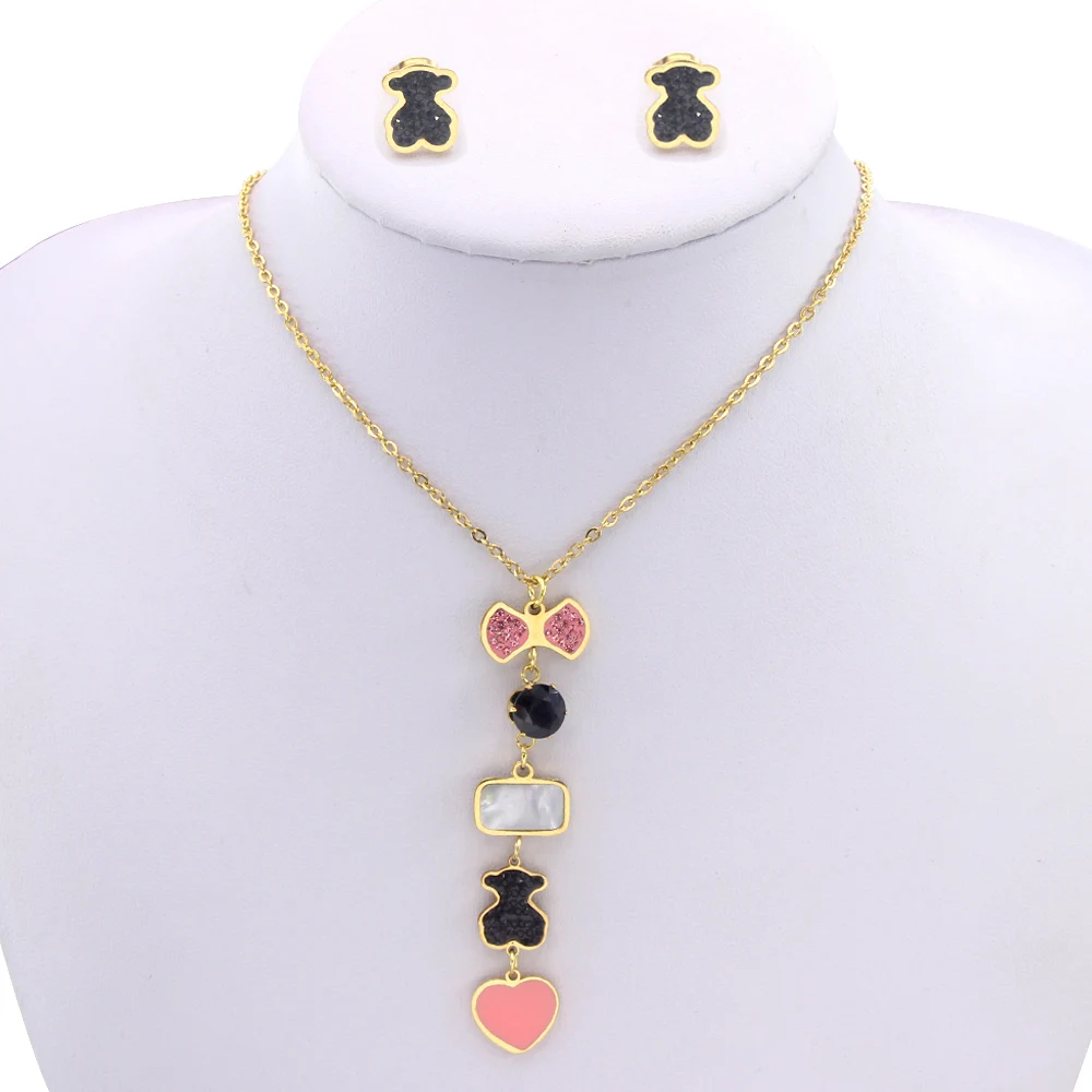 Fashion Stainless Steel Gold Bear Design Gemstone Jewellery guangzhou Jewellery Set