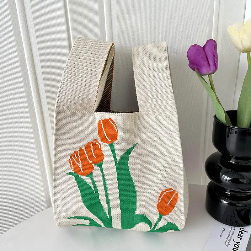 Japanese Knot Wristlet Bag Mini Floral Knitting Crochet Tote Bag Knitted Handbag for Women