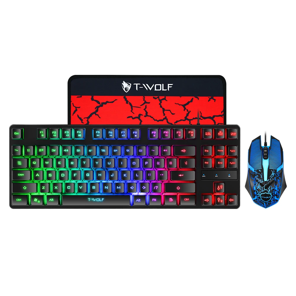 Twolf 87 Key Wired Game Keyboard Mouse and mouse pad 3in1 combo for PC computer gamer RGB LED rainbow light keyboard and Backlit