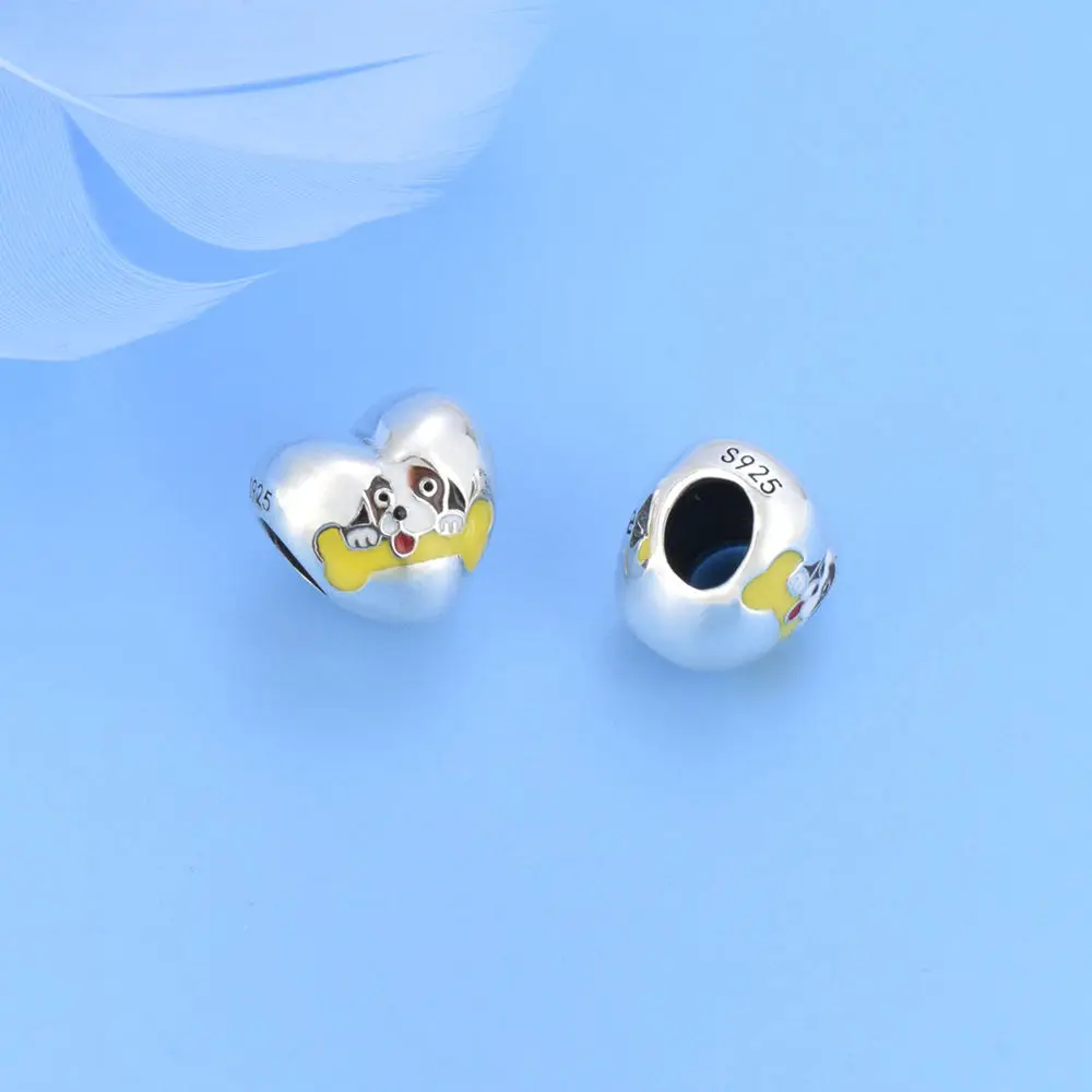 Customized Your Logo 925 Sterling Silver dog and its bone Heart Bead Charm For Bracelet Fashion DIY Women Jewelry making amulet