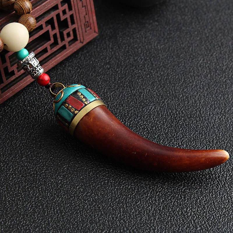 Nepalese Handmade Necklace Jewelry Nepal Buddhist Mala Wood Beads Pendant Necklace Ethnic Fish Horn Long Statement Necklace