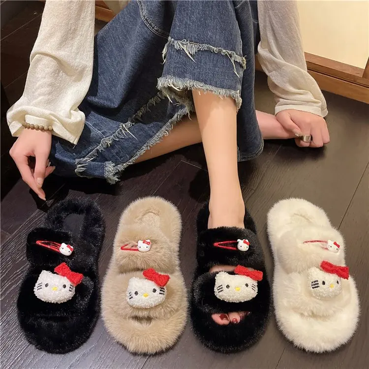 RuunJoy Cartoon KT Cat kulomi Kawaii Plush Slippers Women Winter Home Warm Thick Sole Sandals Cute Sweet Girl Anti Slipper
