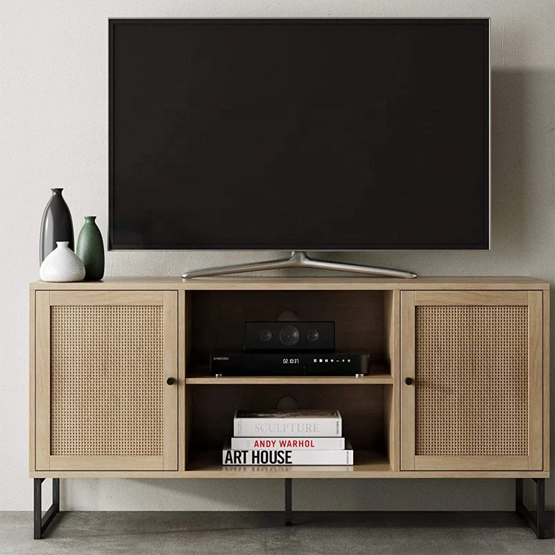 Industrial furniture modern design wooden tv entertainment stand steel leg long with storage for living room stand tv cabinet