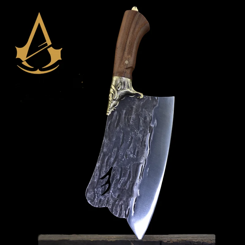 China Longquan Factory Forged Wooden Handle Kitchen Knife Unique Bone and Meat Cutter Stainless Steel Cooking Knife
