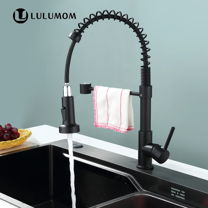 LULUMOM цена от производителя выдвижной кухонный пружинный смеситель запеченный черный для раковины латунно-Цинковый настил 360 Вращающийся
