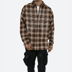 Mens Plaid Shirt Workwear OEM Service Oversized Winter Long Sleeve Pocket Rhinestones Streetwear Shirt Wholesale