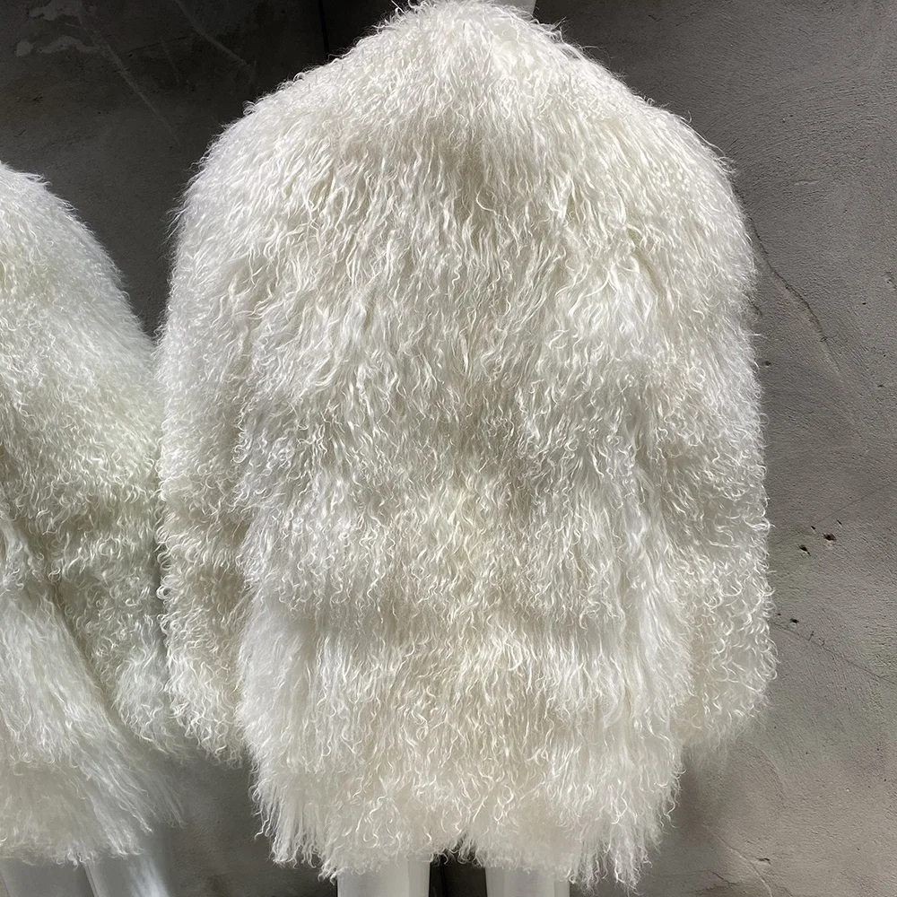 2024 Winter warm white mongolian fur coats wholesale white fluffy sheep fur coat real curly fur coat women