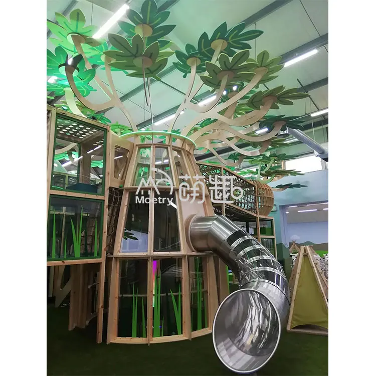 Moetry Treehouse Nature Themed Indoor Playground Wooden with Stainless Steel Tube Slide for Kids Play Center
