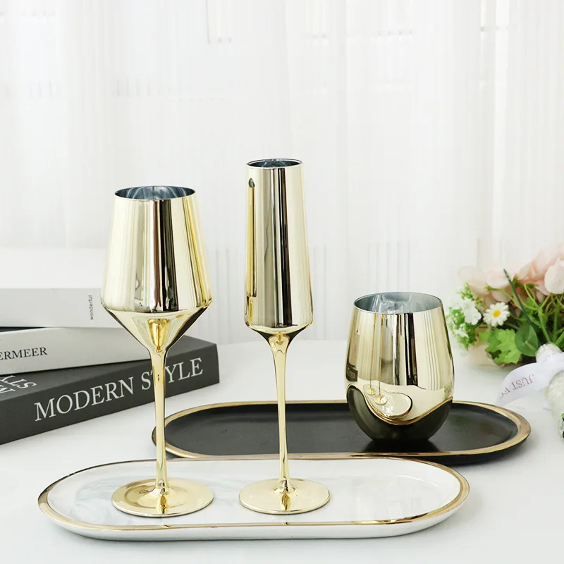 Crystal Glass Cup Wedding Golden Gold Champagne Flute Wine Goblet Glasses Set With Rustic Lot