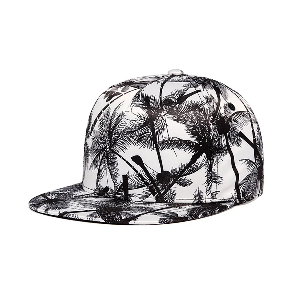 Flat Brim Palm Tree Print Fashion Snapback Cap 6 Panel Polyester Hip Hop Hat