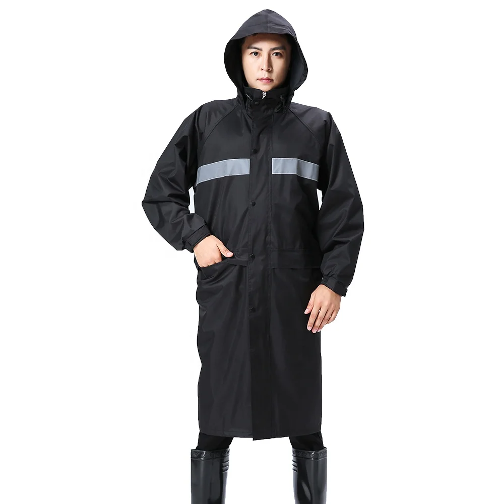 Black waterproof security guard raincoats one piece long pongee PVC coating traffic police reflective raincoats