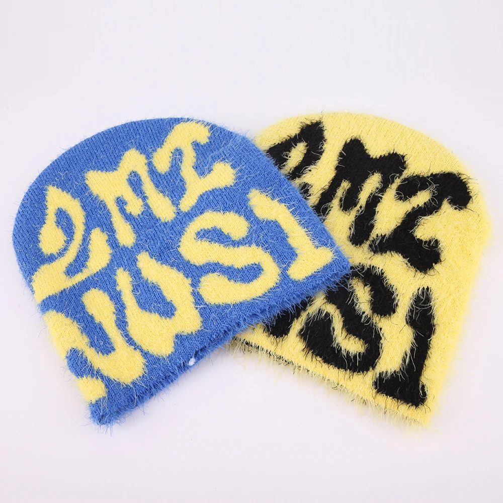 Custom Logo Y2k Mohair Knit Winter Hats Letter Jacquard Knitted Hats Designer mohair beanie hats For Adults
