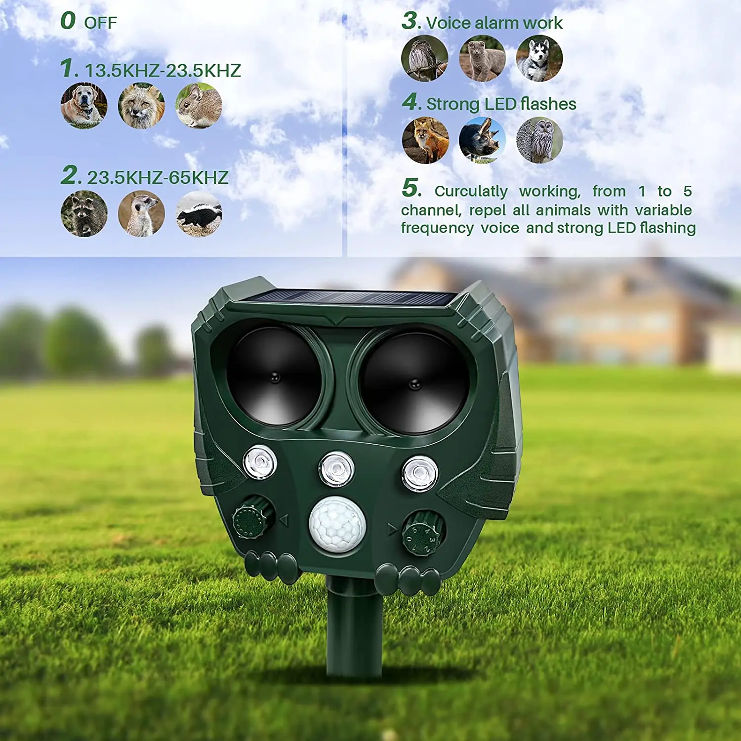 Solar Ultrasonic Animal Repeller Infrared Sensor Bird Mice Fox Racoon Cat Dog Deer Deterrent with Motion Sensor Waterproof