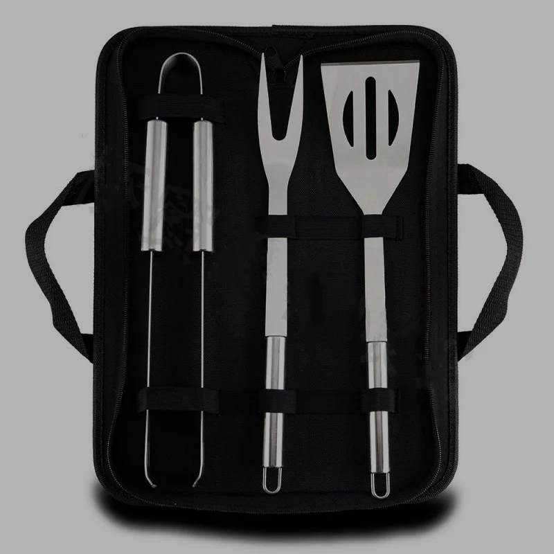 wholesale  canvas bag barbecue set combination stainless steel grill fork spatula clamp round tube handle tool