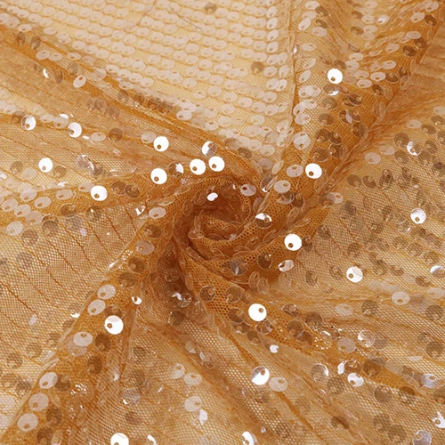 High Quality Orange Mesh Embroidered 5mm Reversible Transparent Sequin Embroidery Fabric for Party Women Dress