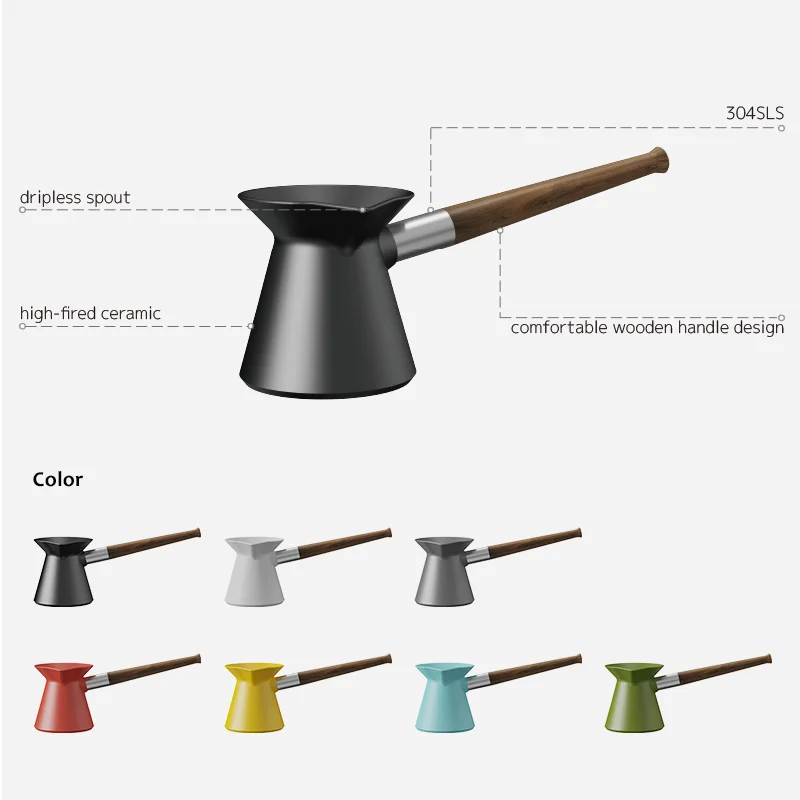 DHPO New design Matte Black ceramic Turkish coffee pot with wooden handle