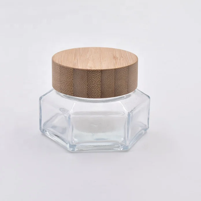 2020 new design 30ml clear hexagon glass honey jar face cream jar bottles jam pots for jam with screw top bamboo lid wooden cap